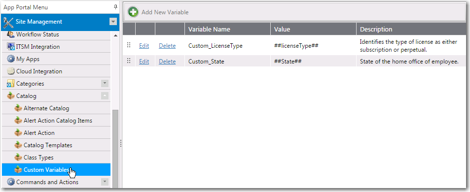 Catalog Management > Catalog > Custom Variables View